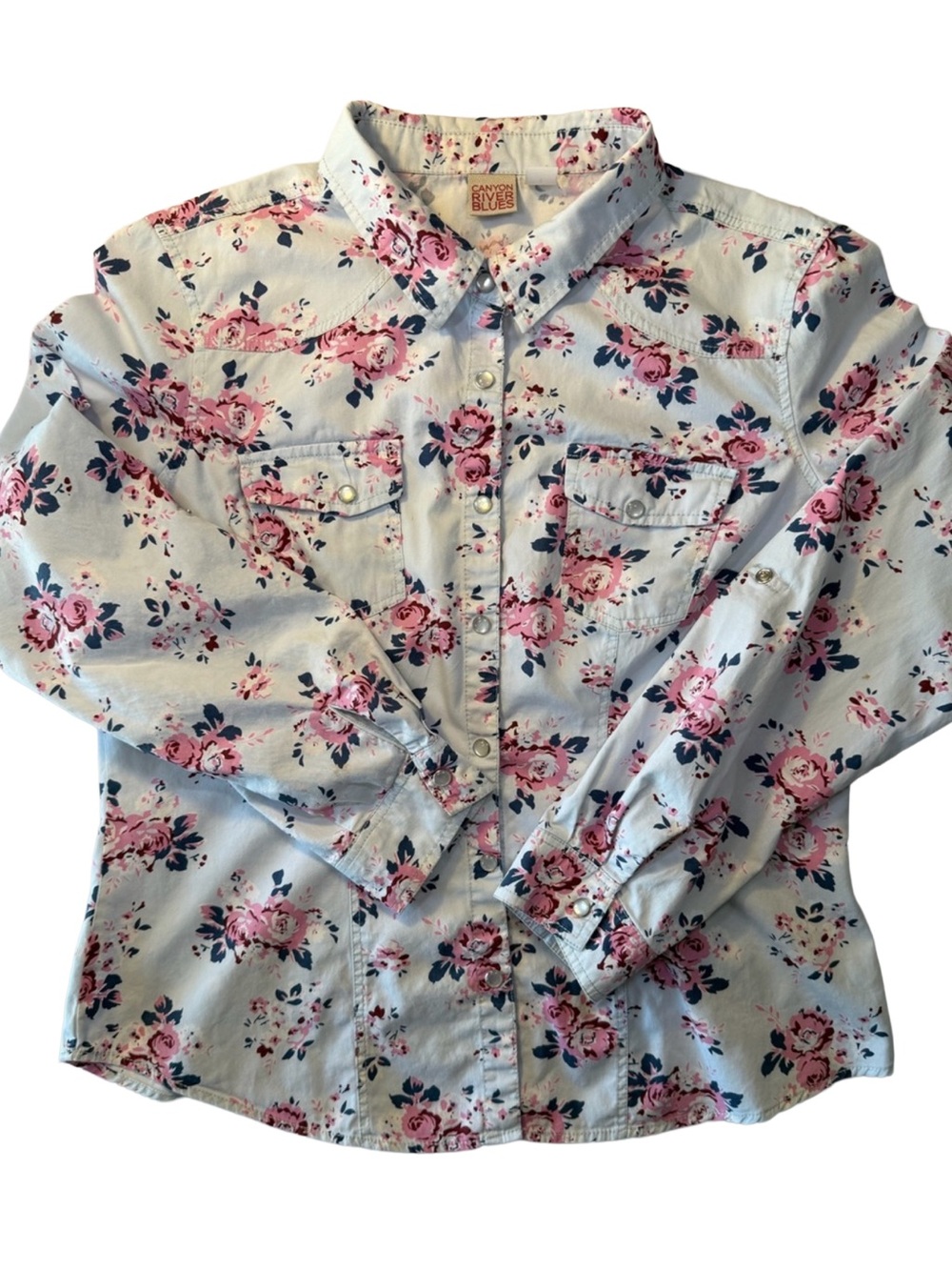 Canyon River Blues Women’s White Floral Pearl Snap Shirt Western Cowgirl